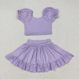 GSD2099 baby girls puff sleeve purple skirt outfits Yoga