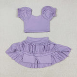 GSD2099 baby girls puff sleeve purple skirt outfits Yoga