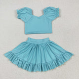 GSD2101 baby girls puff sleeve blue skirt outfits Yoga