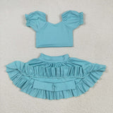 GSD2101 baby girls puff sleeve blue skirt outfits Yoga