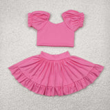GSD2102 baby girls puff sleeve pink skirt outfits Yoga