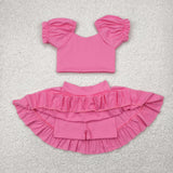 GSD2102 baby girls puff sleeve pink skirt outfits Yoga