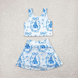 GSD2198 girls blue castle bow sleeveless stripe skirt outfits yoga