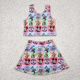 GSD2333 girls sleeveless cartoon mouse checkered skirt outfits yoga