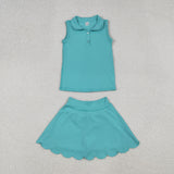 GSD2349 girls sleeveless doll collar blue skirt outfits yoga