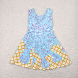 7.24 USA GSD2380  girls blue sleeveless yellow checkered Dress yoga