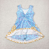 7.24 USA GSD2380  girls blue sleeveless yellow checkered Dress yoga
