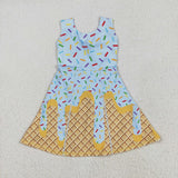 GSD2415 girls sleeveless blue ice cream yellow checkered Dress yoga
