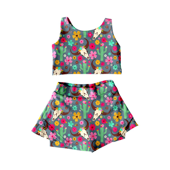 Pre-order GSD2519 girls vest cow cactus skirt outfits yoga ( Deadline May.6）