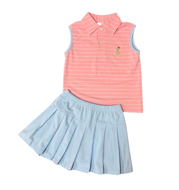 Pre-order GSD2536 girls sleeveless stripe puppy blue skirt outfits ( Deadline May.15）
