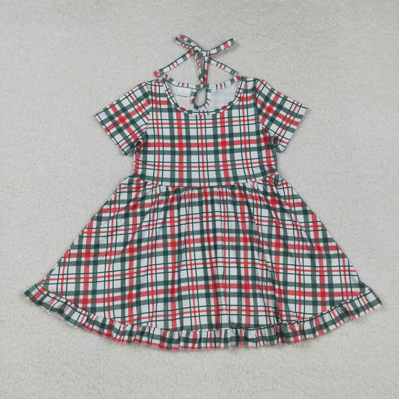 GSD2613 girls short sleeve red green stripe floral Dress