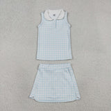 GSD3375 girls blue plaid girls  shorts set yoga