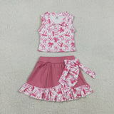 GSD3480 girls bow button pink sleeveless skirt outfits yoga