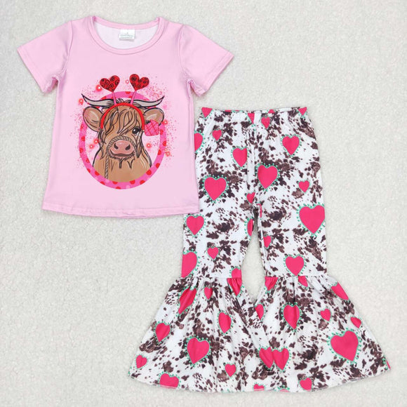 GSPO0416---cow heart pink short sleeve bell bottom girls outfits