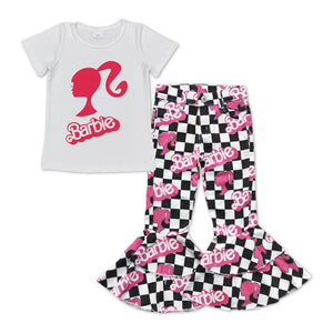 GSPO0879--cartoon girls top +  CARTOON checkerboard jeans outfits