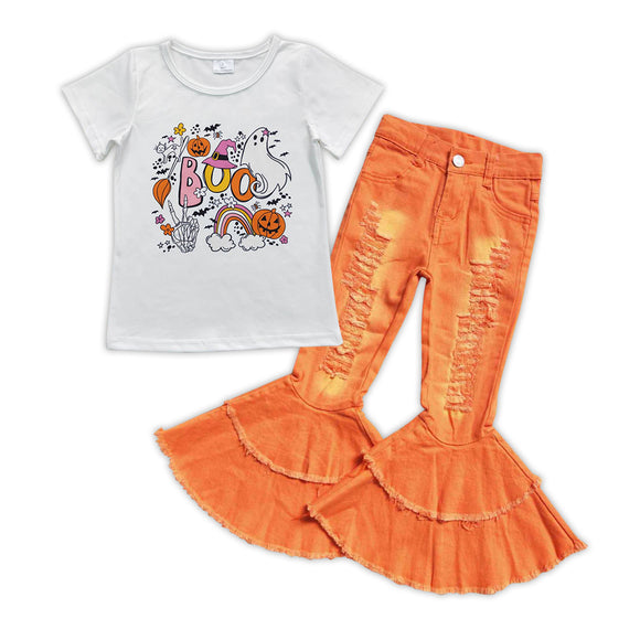 Halloween boo girls top +Ripped  orange jeans outfits