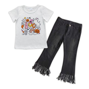 Halloween boo girls top + black tassel jeans outfits