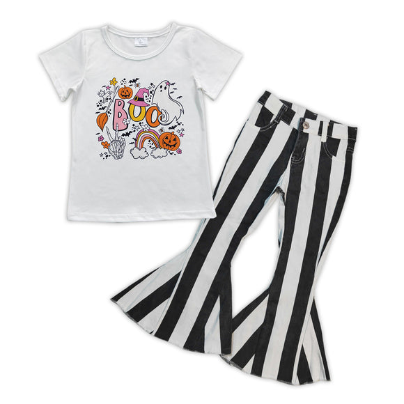 Halloween boo girls top + black stripe jeans outfits