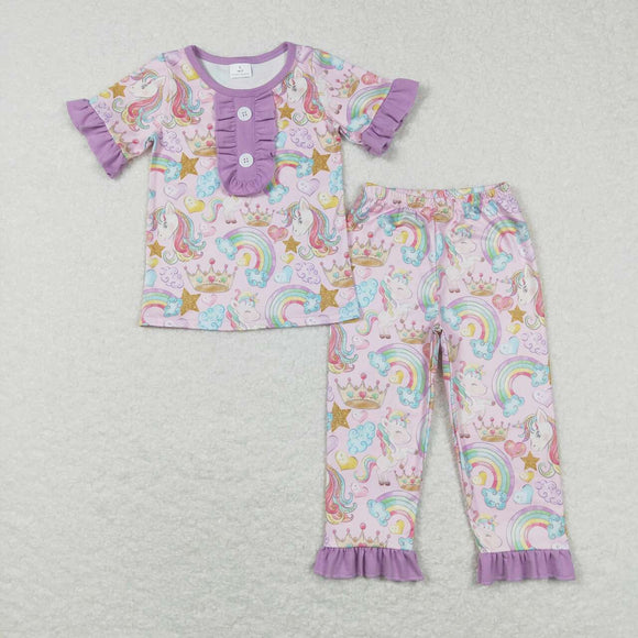 GSPO0949--short sleeve unicorn purple girls lace pajamas