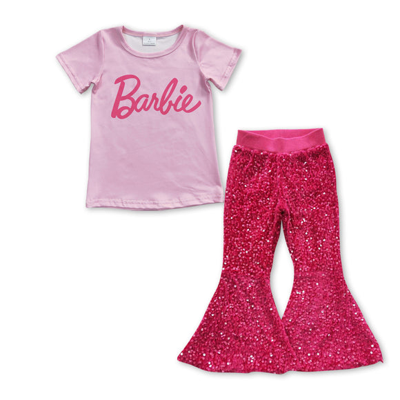 GSPO0950--short pink top + pink sequins pants girls clothing