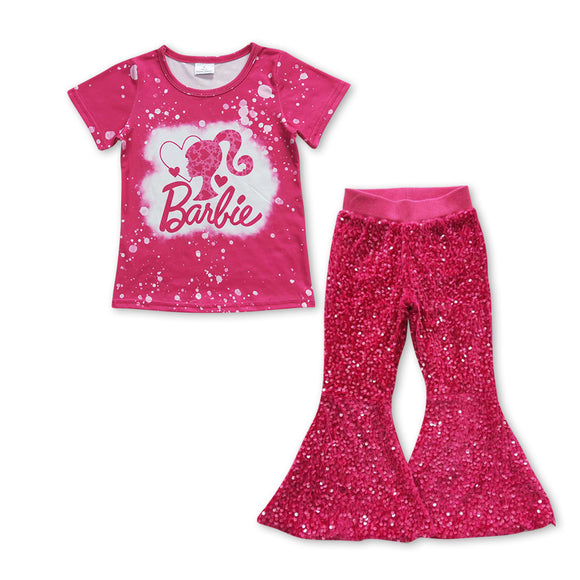 GSPO0951--short pink top + pink sequins pants girls clothing