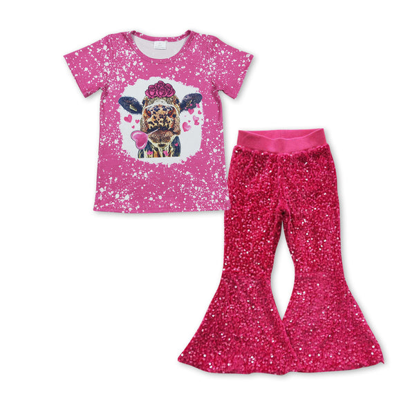 GSPO0952--short cow pink top + pink sequins pants girls clothing
