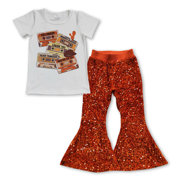 GSPO0956--short sleeve top +  sequins pants girls clothing