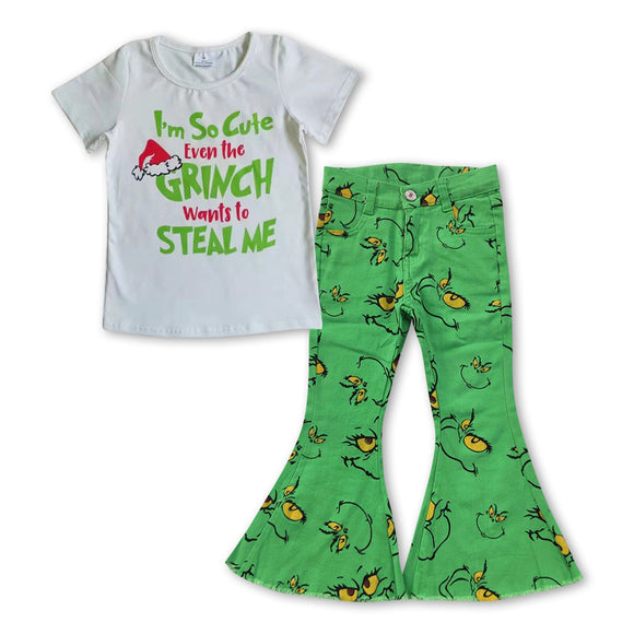 GSPO0958-- Christmas top + cartoon green  jeans outfits