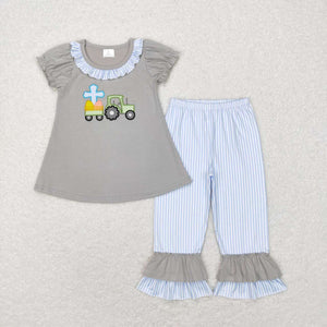 GSPO0973-- short sleeve embroidered Easter tractor grey boy outfits