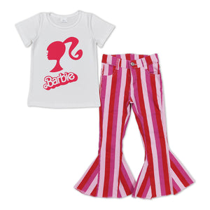GSPO0879--cartoon girls top +  PINK STRIPED jeans outfits