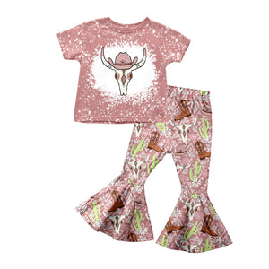 GSPO0986--pre order short sleeve western skull cow& cactus girl outfits