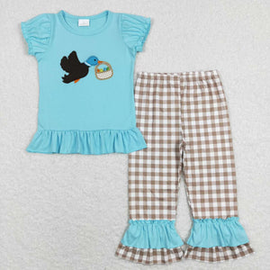 GSPO1022----short sleeve Easter embroidery mallard & egg girls outfits