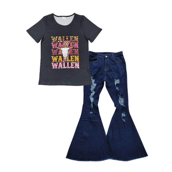 GSPO1040--black wallen top +Ripped jeans girls outfits