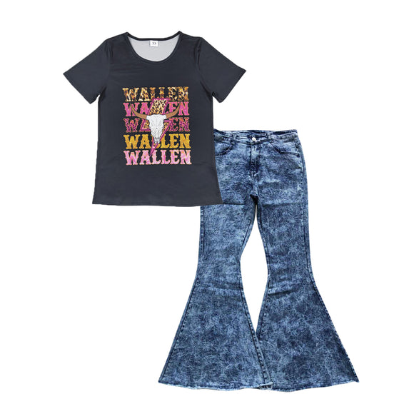 GSPO1041--black wallen top +jeans girls outfits