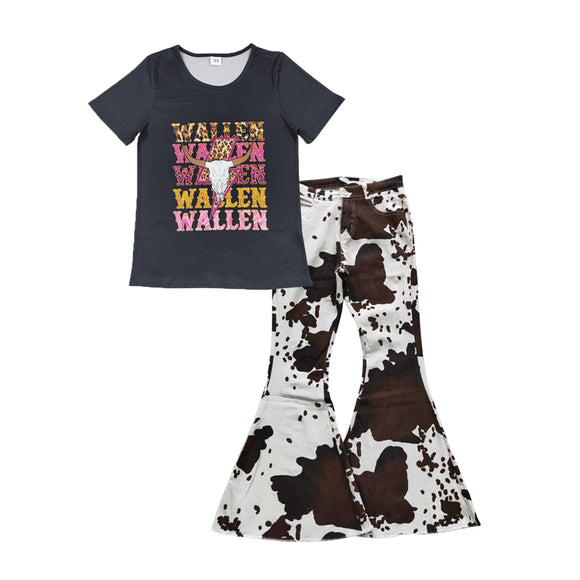GSPO1042--black wallen top +cow jeans girls outfits