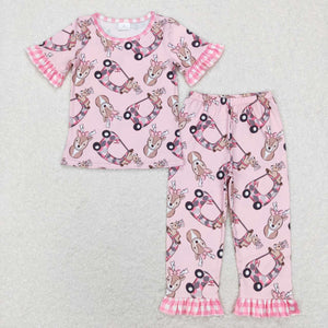 GSPO1100---short sleeve deer pink girls pajamas