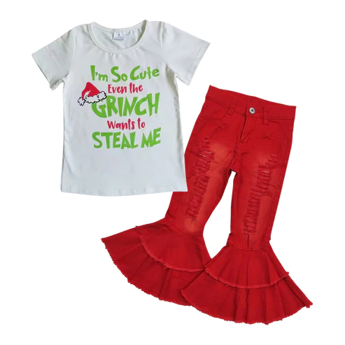 GSPO1107--Christmas top  +  red bell bottoms outfits