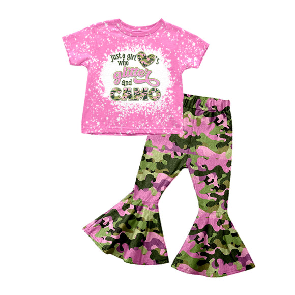 GSPO1165--pre order pink short sleeve shirt camo pants girls outfits