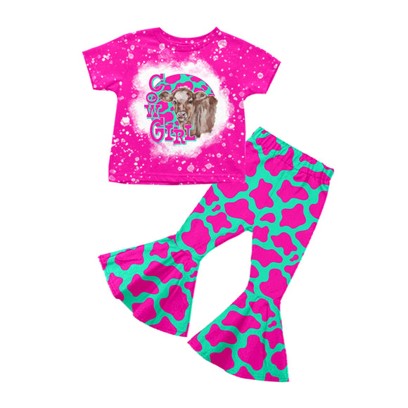 GSPO1176--pre order cow pink short sleeve girls outfits