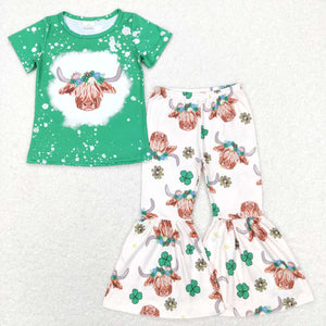 GSPO1180-- cow green short sleeve girls outfits