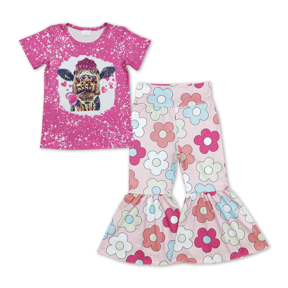 GSPO1184-- cow flower pink short sleeve girls outfits