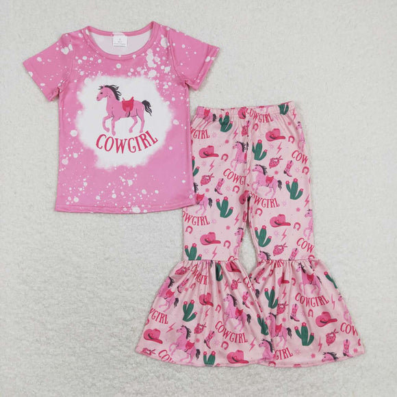 GSPO1238--- western cowgirls horse pink short sleeve girls outfits