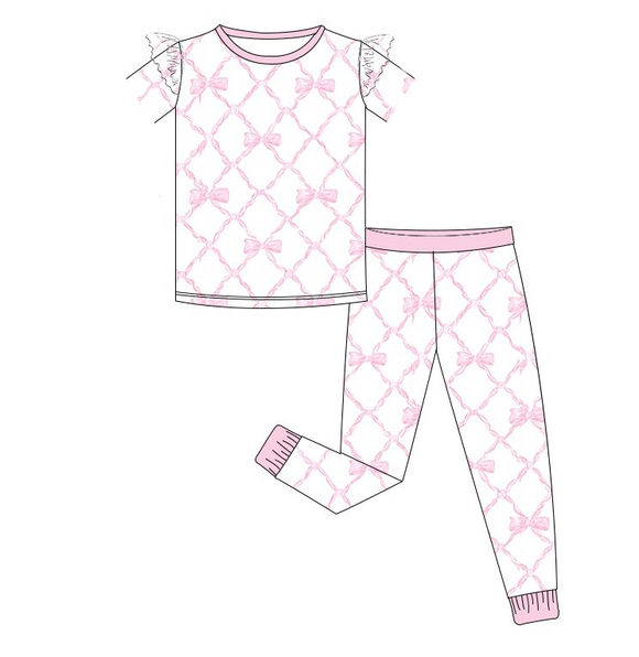 Short sleeves pink bow top pants girls pajamas