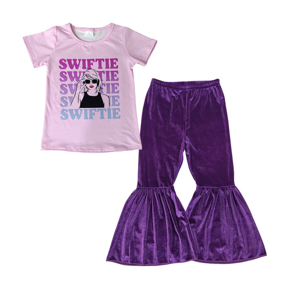 Pink short sleeves top purple velvet pants singer girls set
