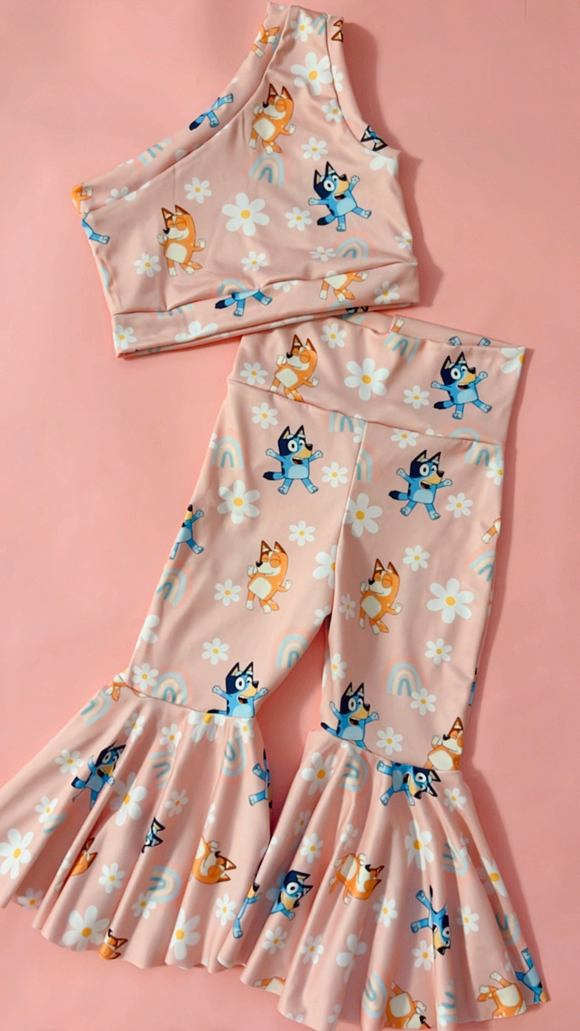 One shoulder dog floral top pants girls clothing