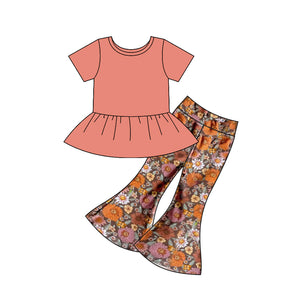 GSPO1717  pre order orange cotton +floral bell-bottoms outfits