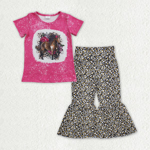 GSPO1840 Girls rose horse leopard bell bottoms outfits