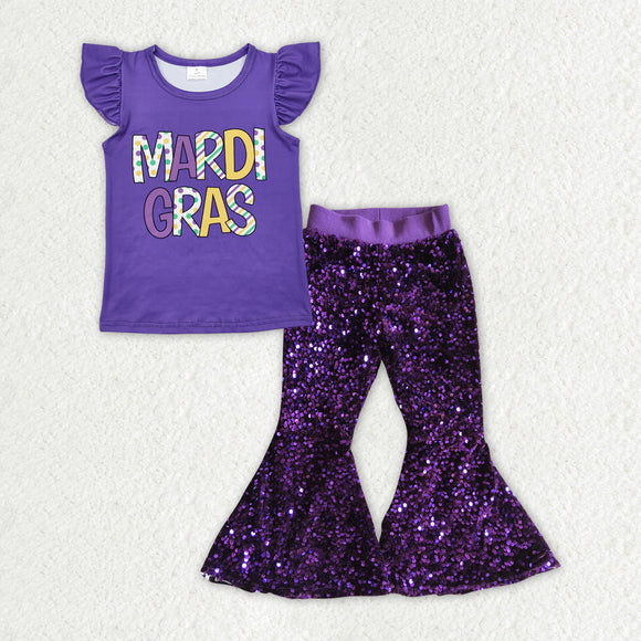 GSPO1937 Girls Mardi Gras flying sleeve Outfits Sequined Pants