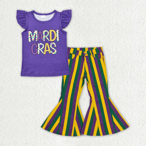 GSPO1938 baby girls Mardi Gras flying sleeve stripe bell-buttom jeans outfits