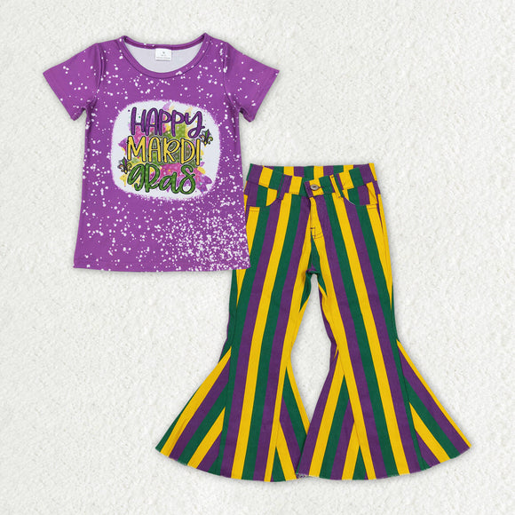 GSPO1939 baby girls Mardi Gras short sleeve stripe bell-buttom jeans outfits